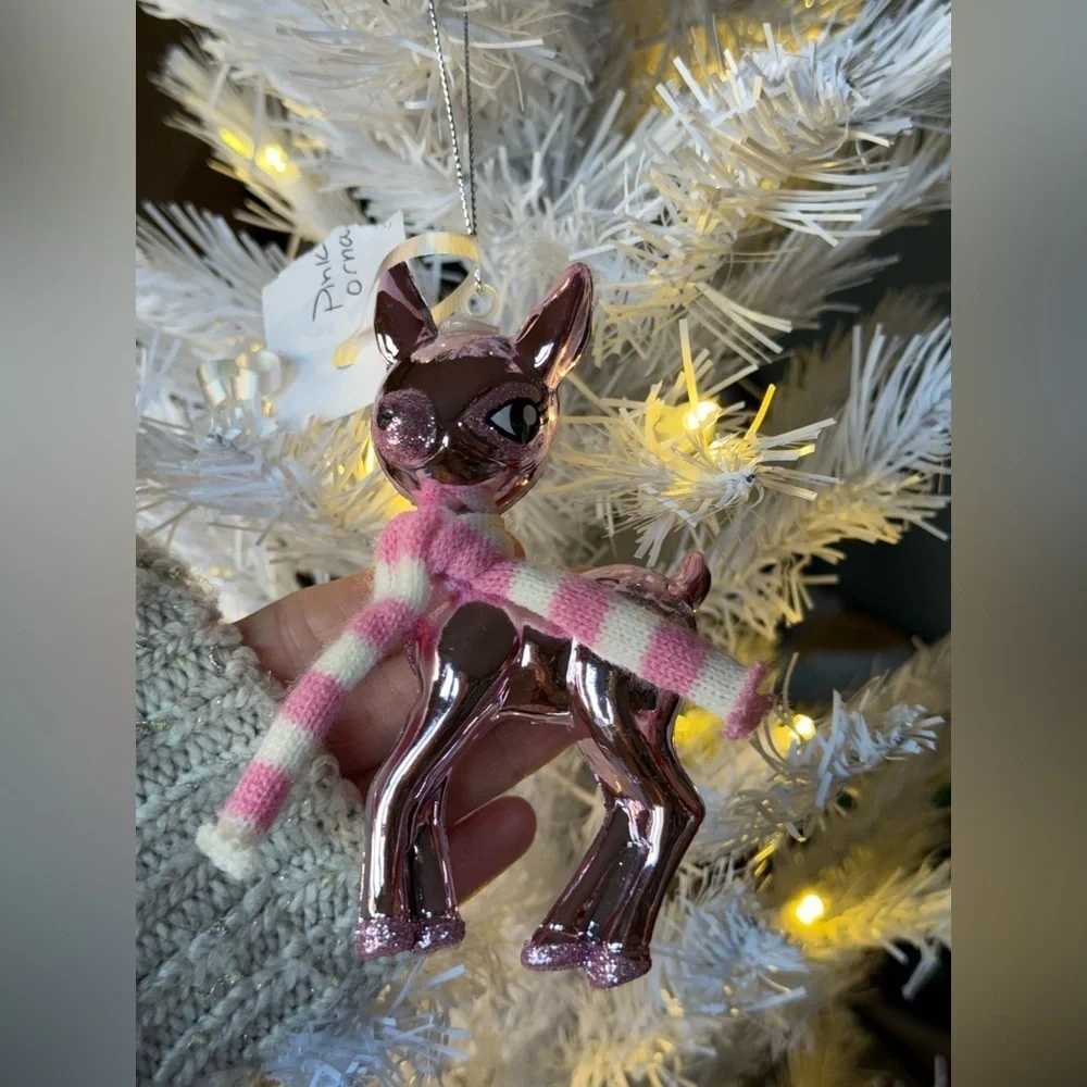 Pink Metallic Reindeer Ornament with Scarf